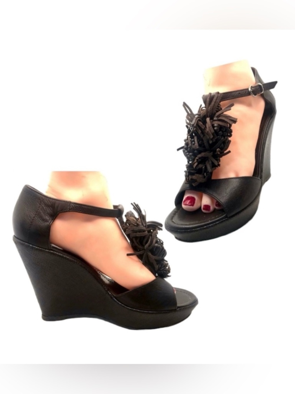 JANET & JANET CHOCOLATE BROWN LEATHER WEDGE HEEL ITALIAN SANDALS W/FRINGE (39)